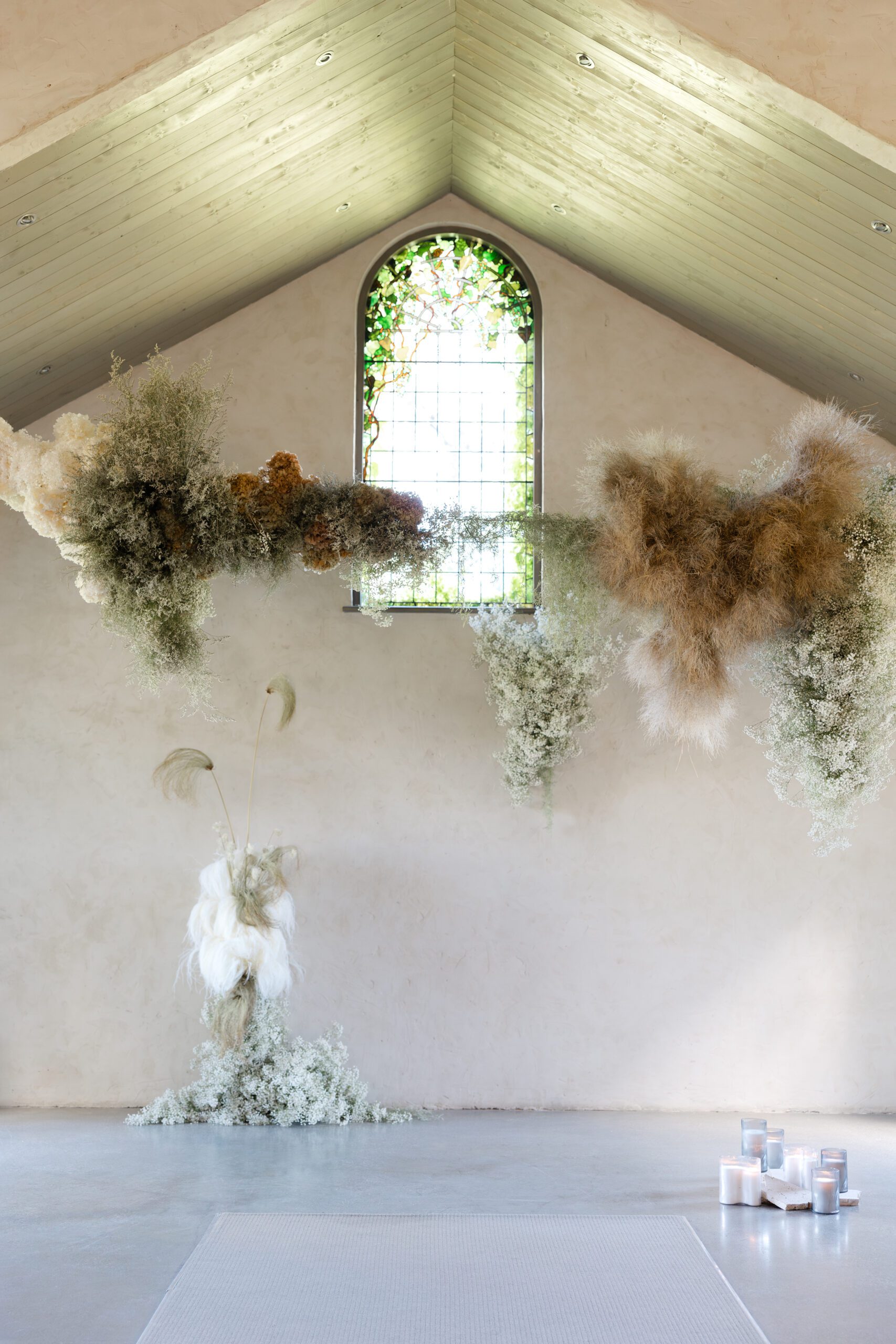 Floral installation at Stones of the Yarra Valley chapel located in the Yarra Valley